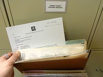 By means of example: here, in one of several file drawers containing Ramsey County's 100+ NRHP sites, we see a file for the "Salvation Army Headquarters (Seton Center), St. Paul". Within this file I have pulled the talk-page famous March 17, 1998 letter from the MHS to HealthEast regarding the building in question. The file is full us useful tidbits like this. Drawers and drawers of this stuff. It's what paradise looks like to an NRHP-loving nerd like me.