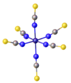 Crystal structure of [NiII(NCS)6]4-, a homoleptic complex of six isothiocyanate ligands. Color code: blue = N, yellow = S.