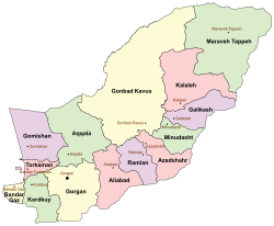 Location of Maraveh Tappeh County in Golestan province (top, green)