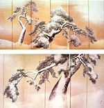 Two paintings of pine trees covered with snow