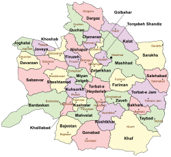 Location of Kalat County in Razavi Khorasan Province (top right, purple)