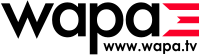 In lowercase in a geometric sans serif in black, the letters "w a p a" next to a motif of three red stripes echoing those in Puerto Rico's flag.