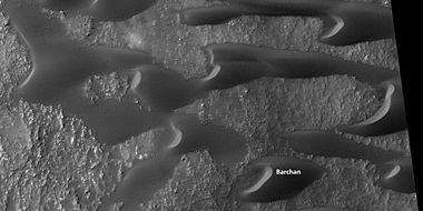 Close view of sand dunes, as seen by HiRISE under HiWish program. A birchen dune is labeled.