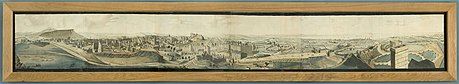 The panorama shows (when the parts are laid adjacent to each other, and from right to left): - Calton Hill, and the Observatory there, looking east towards Berwick Law and the Forth estuary - Towards Leith, fields, to the Forth, and across to Fife - Top end of what is today Leith Walk, across to the Inverlieth area, the Forth, and across to Fife - (not included in the set) - High Street from Tron Church to the edge of Holyrood Park, looking south - (not included in the set)