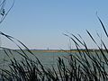 Lake Cospuden today. Viewing direction northwards with the towers of Leipzig in the background