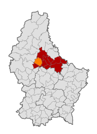 Map of Luxembourg with Feulen highlighted in orange, and the canton in dark red