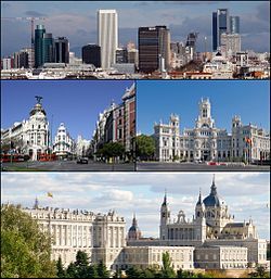 From upper left: Puerta de Alcalá, Campo del Moro Gardens and Royal Palace, City Hall, Alcalá and Gran Vía street, Prado Museum, Statue of the Bear and the Strawberry bush (madroño) in Puerta del Sol Square, Cervantes Institute Foundation Headquarter, View of Royal Palace and Almudena Cathedral.