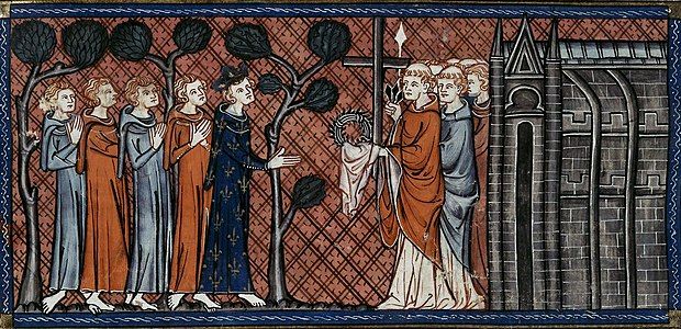 Louis IX receives the crown of thorns and other sacred relics for the Sainte-Chapelle (14th century illustration)