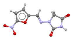 Ball-and-stick model of the nitrofurantoin molecule