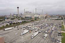 Aerial view of tents at a parking lot