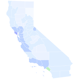 Best Democrat's performance by county in the special primary (blue for Schiff, green for Porter)