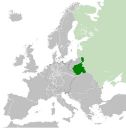 Map of Congress Poland, c. 1815, following the Congress of Vienna. The Russian Empire is shown in light green.