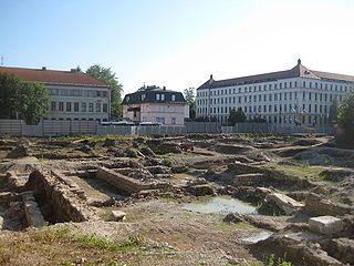 Excavations at the building site of the planned new National and University Library of Slovenia. One of the discoveries was the ancient Roman public bath house.[21]