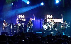 Foo Fighters performing in November 2007. From left to right: Chris Shiflett, Dave Grohl, Taylor Hawkins and Nate Mendel