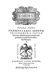 Title page of the book, showing an engraved image of an eagle poised atop a globe flanked by two serpents and the Latin motto, "In virtute, et fortuna"