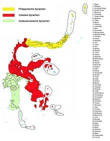 Map of the Sulawesi languages with Celebic depicted in red in the cencentrere. Celebic language is spoken a larger area than the other Sulawesi languages