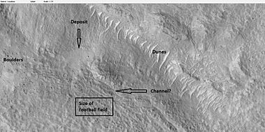 Enlarged view of crater ejecta showing channel with a deposit at the end, as seen by HiRISE under HiWish program