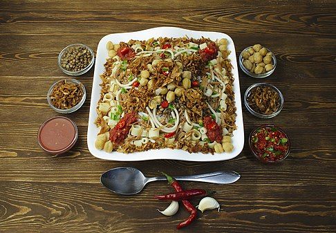 This smorgasbord of foods is an Egyptian dish known as koshari.