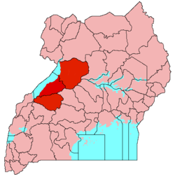 Location of Bunyoro (red) in Uganda (pink).