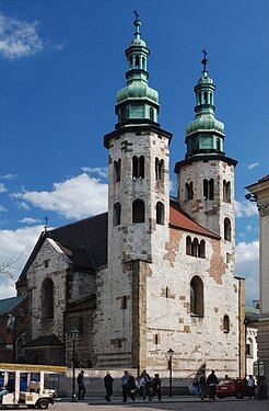 At St. Andrew's Church, Kraków, the plain westwerk resolves into octagonal towers.