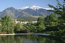 View from Prades southwards towards Canigó mountain (a Neogene horst of pre-Cambrian metasediments and Palaeozoic igneous formations).