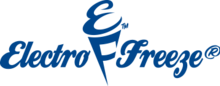 Electro Freeze's logo is a blue script typeface for the words of "Electro Freeze" with a capital letter E and capital letter F in the center, with the capital E representing soft serve ice cream and the capital F representing the cone.