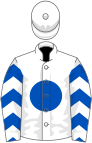 White, royal blue disc and chevrons on sleeves, white cap