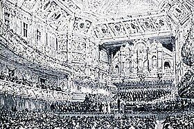 Drawing of the auditorium of a large, crowded Victorian concert hall, with large organ at the rear of the stage, a large orchestra and choir on stage, and lower and upper circles above the stalls