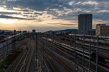 View from Hardbrücke over track field