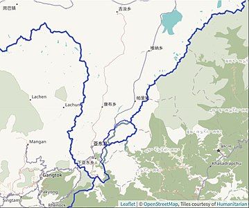 LSIB followed the watershed to the left Langmarpo whereas the borders in the OpenStreetMap run along Langmarpo.