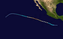 A map of the path of a hurricane well off the Pacific coast of Mexico, heading generally west-northwestward for its entire life