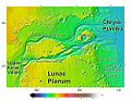 Area around northern Kasei Valles, showing relationships among Kasei Valles, Bahram Vallis, Vedra Valles, Maumee Valles, and Maja Valles. Map location is in Lunae Palus quadrangle and includes parts of Lunae Planum and Chryse Planitia.