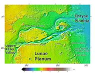 Area around the Northern Kasei Valles, also showing Bahram Vallis and the Vedra Valles, Maumee Valles, and Maja Valles. Map location is in Lunae Palus quadrangle and includes parts of Lunae Planum and Chryse Planitia.