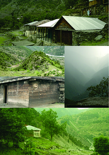 From top to down clockwise: GPS Peeranokilay, beautiful view of mountains from Bhoin, proposed Middle School for boys Shaikhdara, typical house at Bhoin Shaikhdara, Dongue mountain Shaikhdara