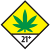 A symbol of a black outlined square diamond with a yellow fill and a green marijuana leaf inside, there is a black border a third of the way down the diamond with a white backgrounded section with "21+" written in black