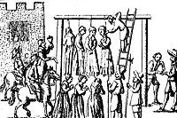 An image of suspected witches being hanged in England, published in 1655.