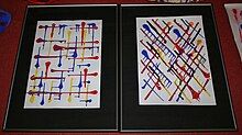 Two paintings (portrait orientation) are side by side with the only marks being thick lines that terminate with a sizeable dot of blue, yellow, or red. The left one has lines vertical/horizontal, and the right one has lines diagonally.