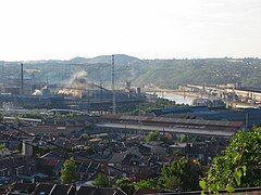 Steelmaking along the Meuse River at Ougrée, near Liège.