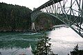 A green bridge spanning some water