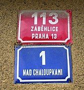 A typical Prague combination: red conscription number above, blue orientation number below