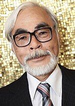 A close-up photo of famous Japanese animator Hayao Miyazaki at the 2008 Venice Film Festival.