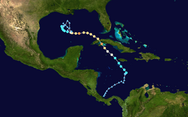 Map plotting the track and the intensity of the storm, according to the Saffir–Simpson scale