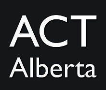 Large white letters of “ACT” are positioned in all-caps above the word “Alberta” on a black background.