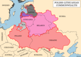 Contour map of the Polish–Lithuanian Commonwealth at its greatest extent in 1619 superimposed on present-day national borders