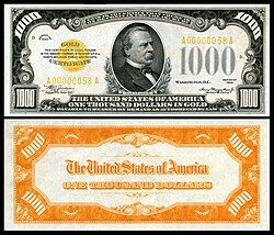 $1,000 Gold certificate (1934) depicting Grover Cleveland, signed by Julian and Morgenthau.