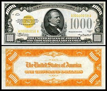 One-thousand-dollar gold certificate from the series of 1934, by the Bureau of Engraving and Printing