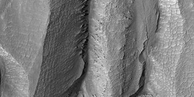 Close-up of gully alcove showing "gullygons" (polygonal patterned ground near gullies), as seen by HiRISE under HiWish program Note this is an enlargement of a previous image.