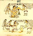 A painting from Codex Mendoza showing elder Aztecs being given intoxicants.