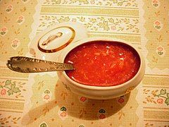 Khrenovina sauce, a traditional Siberian sauce made of tomatoes, garlic and horseradish.