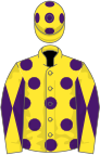 Yellow, purple spots, yellow sleeves, purple diabolo, yellow cap, purple spots